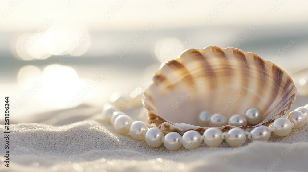 Pearls in seashell on beach at sunrise; luxury jewelry Pearls in seashell on beach at sunrise; luxury jewelry