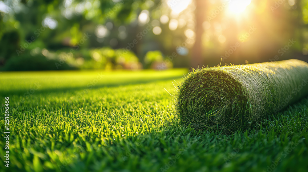 Rolls of fresh green grass sod in summer garden under sunlight