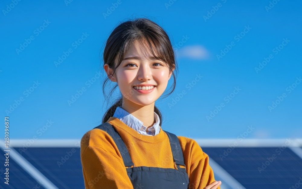 Smiling woman in a sunny outdoor setting with solar panels in the background. Smiling woman in a sunny outdoor setting with solar panels in the background.