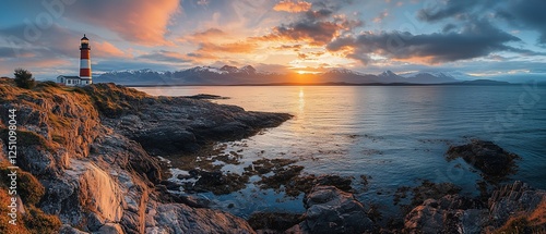 Coastal lighthouse sunset seascape, rocky shore