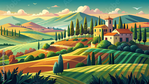 Beautiful and miraculous colors of spring panorama landscape of Tuscany, Italy. Tuscany landscape with grain fields, cypress trees and houses on the hills at 