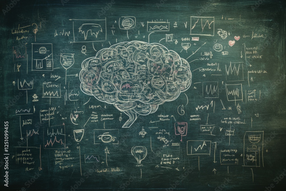 Mind map of emotions intricately presented on a blackboard alongside artificial intelligence concepts and symbols. Generative AI Mind map of emotions intricately presented on a blackboard alongside artificial intelligence concepts and symbols. Generative AI