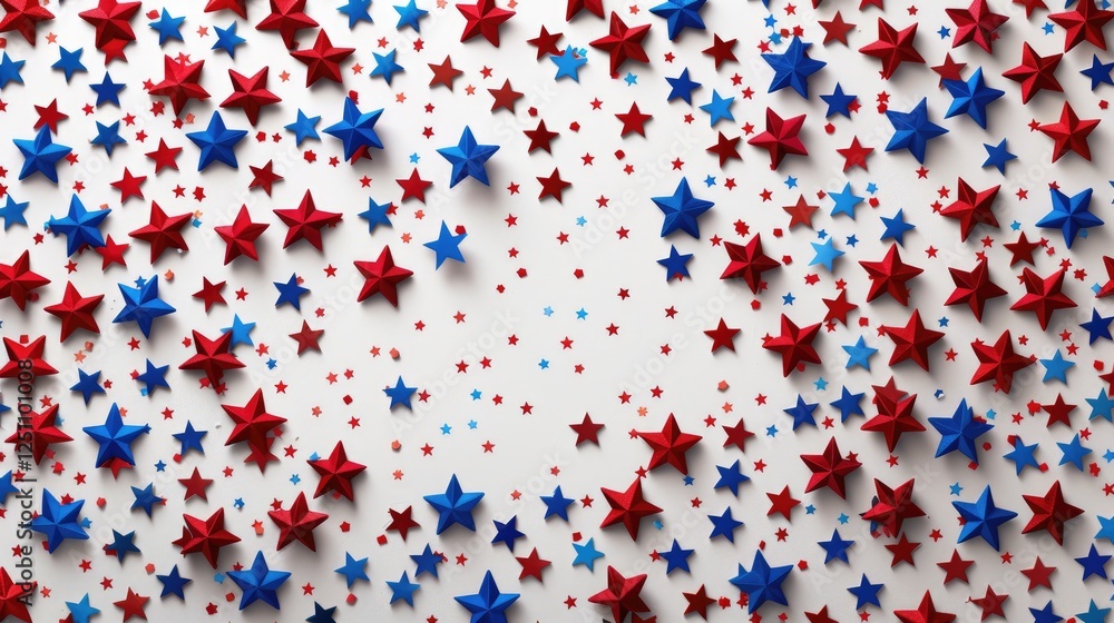 Red and blue stars scattered across a white background for festive decorations and themes