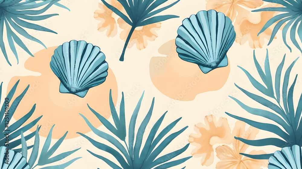 A Colorful Tropical Pattern Featuring Seashells and Leaves for a Relaxing Atmosphere and Vibes! A Colorful Tropical Pattern Featuring Seashells and Leaves for a Relaxing Atmosphere and Vibes!