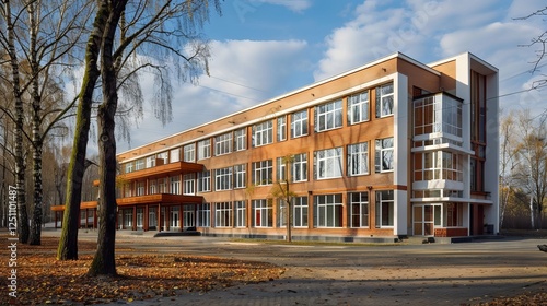 Modern comprehensive school building in polessk, kaliningrad region, russia