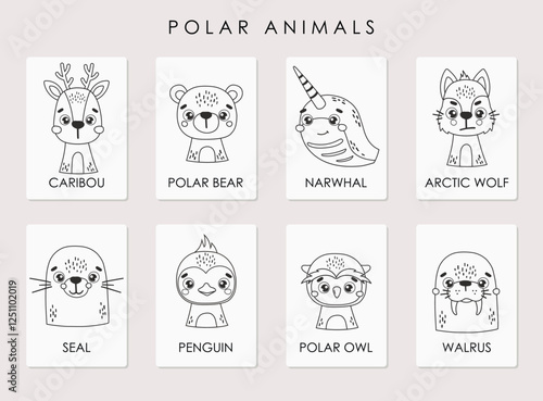 Polar animals set isolated, cards, cute arctic animals, kids vector cartoon