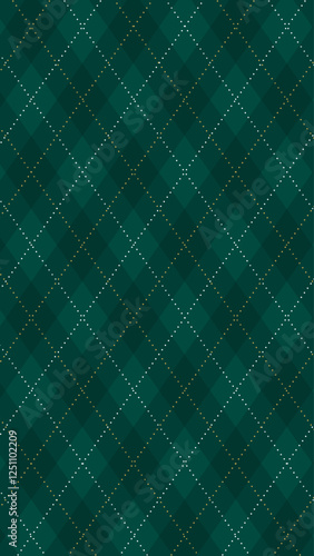 Seamless vivid geometric background for fabric, textile, men clothing, wrapping paper. Argyle vector pattern. Dark green with thin slim golden dotted line.