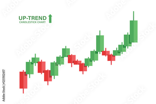 Candlestick charts show the stock market or cryptocurrency market during an uptrend. It is an upward trend in steps from red to green, making traders or investors profitable, vector for banner design