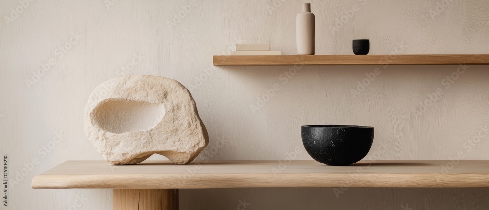 Wooden shelf against a plain white wall. on the left side of the shelf, there is a large, irregularly shaped object that appears to be made of a light-colored material, possibly stone or concrete. Wooden shelf against a plain white wall. on the left side of the shelf, there is a large, irregularly shaped object that appears to be made of a light-colored material, possibly stone or concrete.