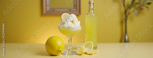 Refreshing lemon sorbet with limoncello in glass with fresh lemons,curd ice cream, cottage cheese