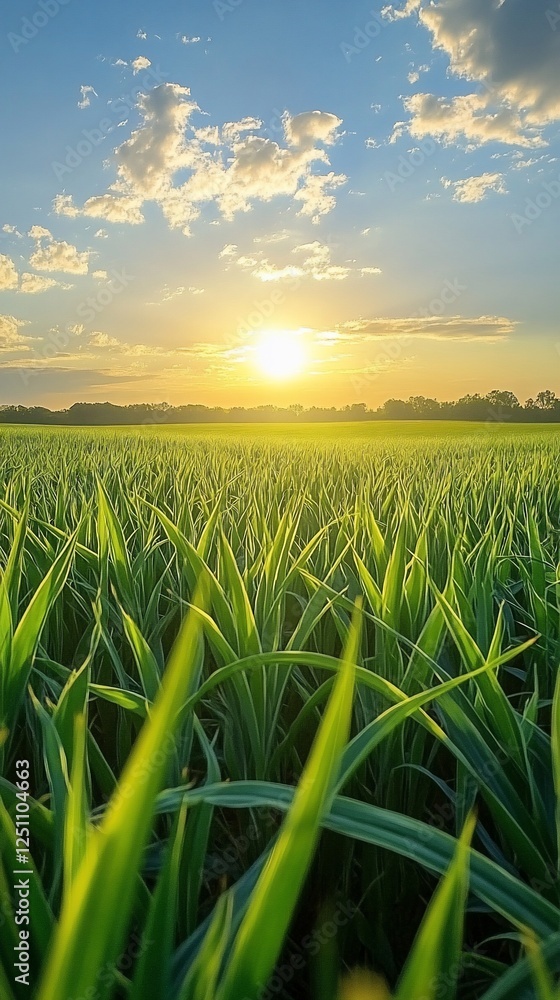 Fototapeta premium Sunset over lush green field, nature background, idyllic rural scene
