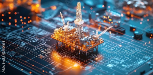 Digital oil rig model illuminated against a high tech digital background, showcasing industrial innovation and energy production photo