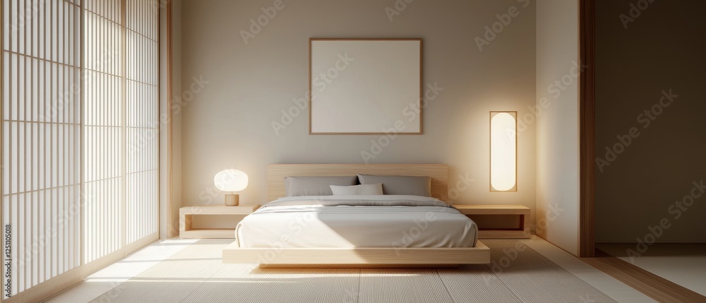 Fototapeta premium Modern and minimalist bedroom with a large window on the left side. the window has white vertical blinds that let in natural light.