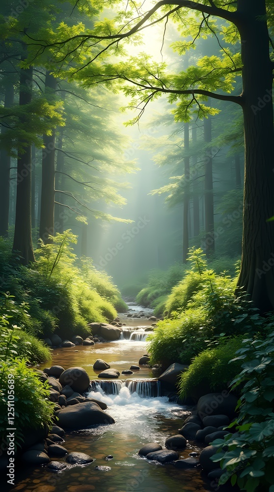 Fototapeta premium Summer forest landscape with sunbeams breaking through dense foliage and a babbling brook in the foreground