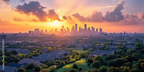 Sunrise over city skyline, suburban homes, golf course