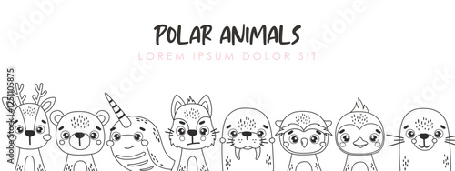Polar line animals set isolated, outline cute arctic animals, kids vector cartoon, coloring