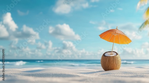 Wallpaper Mural Tropical Beach Scene Featuring Coconut with Umbrella and Gentle Ocean Waves Under a Bright Blue Sky Filled with Fluffy White Clouds Torontodigital.ca