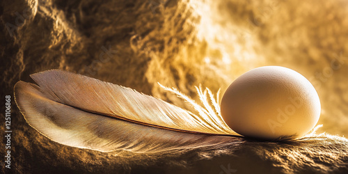 Egg resting on a large feather with warm lighting