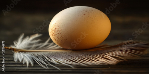 Brown egg resting on a soft feather on wooden surface