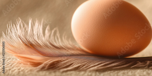 Natural egg resting on soft feather background