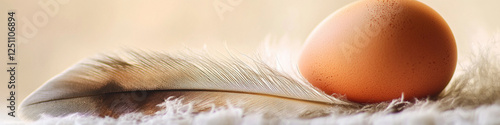 Brown egg resting on a soft feather in natural light