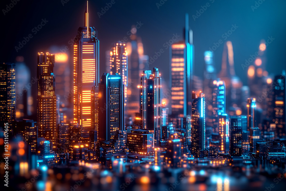 Fototapeta premium Futuristic city skyline illuminated with vibrant neon lights in blue and orange hues, high-rise buildings reflecting modern urban architecture