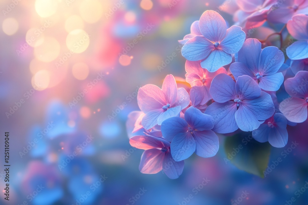 Beautiful blue hydrangea flowers blooming in the garden at sunset Beautiful blue hydrangea flowers blooming in the garden at sunset
