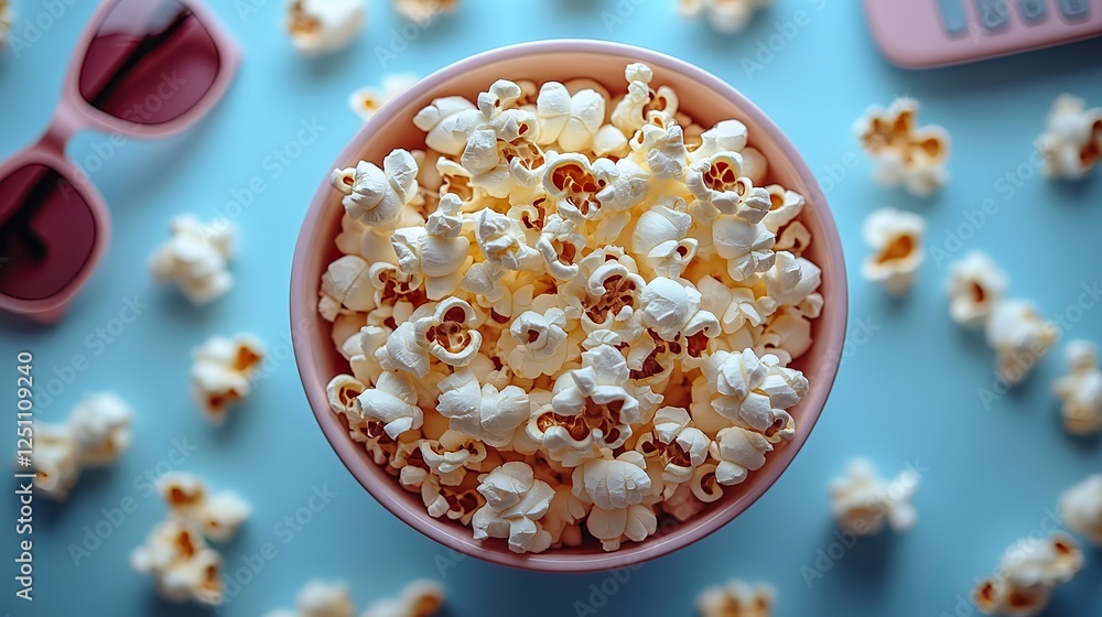 immerse in premieres via a TV app at home, vertical top view of popcorn, 3D glasses, and a remote for online viewing, set against a pastel blue background, offering entertainment and convenience. immerse in premieres via a TV app at home, vertical top view of popcorn, 3D glasses, and a remote for online viewing, set against a pastel blue background, offering entertainment and convenience.