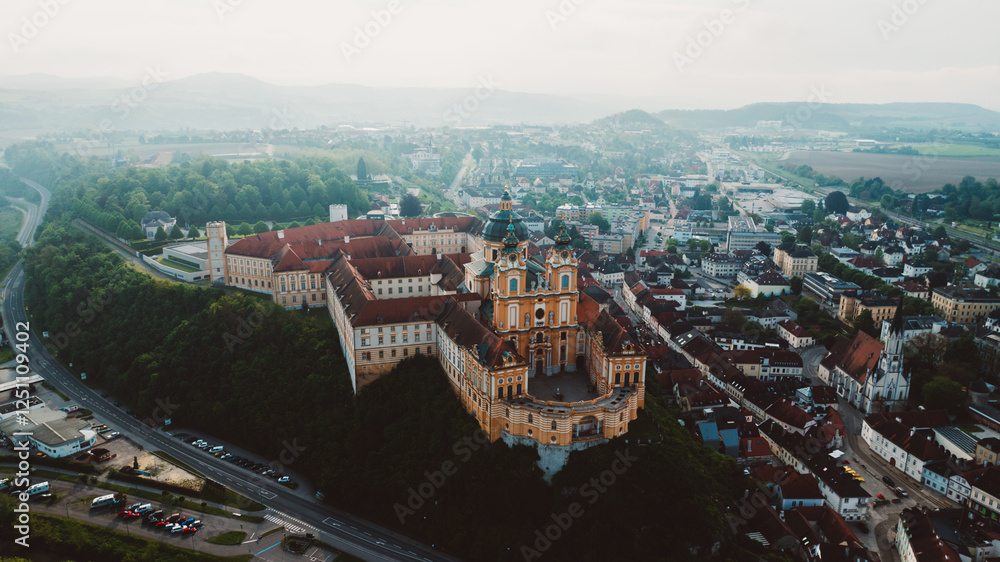 Naklejka premium Aerial view of the famous St. Peter and Paul Church in Melk Benedictine Abbey, Wachau Valley, Lower Austria.