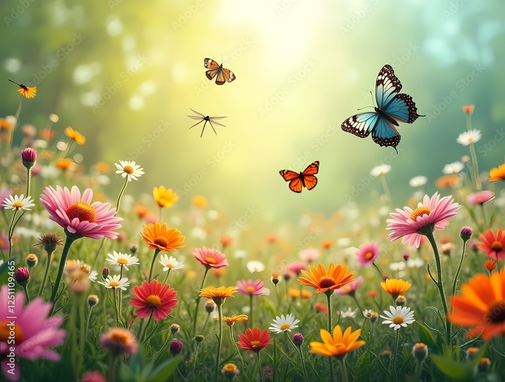 Wild meadow covered with colorful wild flowers and butterflies Wild meadow covered with colorful wild flowers and butterflies