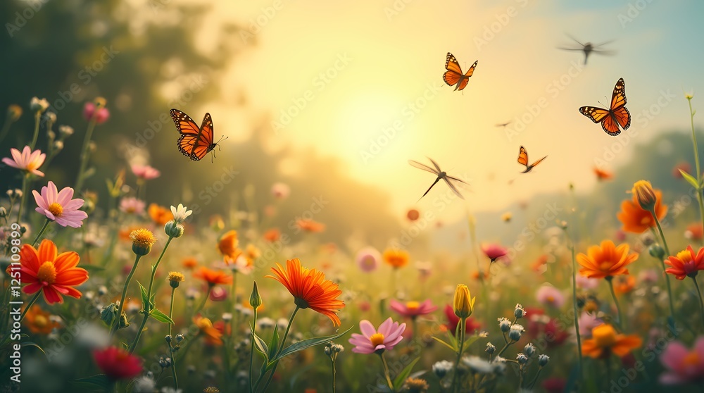 Wild meadow covered with colorful wild flowers and butterflies Wild meadow covered with colorful wild flowers and butterflies