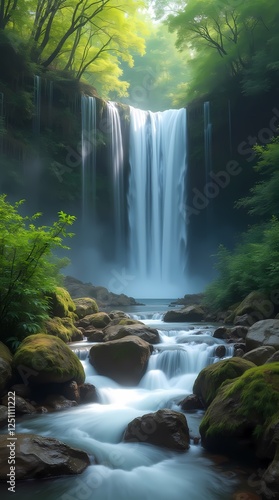 Summer landscape with a waterfall powerful streams of water surrounded by moss, rocks and dense thickets