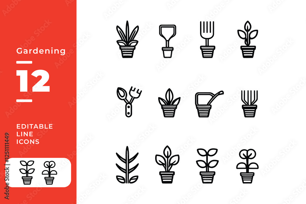 Gardening Icon Set – Editable Thin Line Vector of Tools Plants Gardening Icon Set – Editable Thin Line Vector of Tools Plants