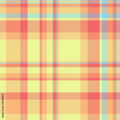 Vibrant pastel plaid pattern in yellow, peach, and light blue.  Perfect for textile design, website backgrounds, or fashion projects.  Seamless repeat texture offers versatile design options.