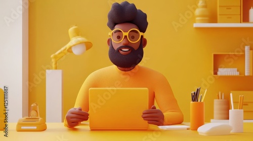 Creative professional working with laptop in bright yellow home office space