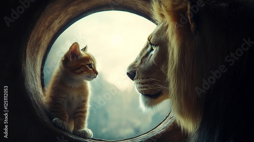 A young kitten and a majestic lion face each other through a round window, highlighting the contrast between innocence and power in a symbolic moment of connection. photo