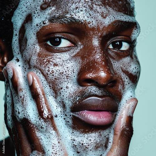 Man cleansing his face with foamy soap, highlighting skincare routine