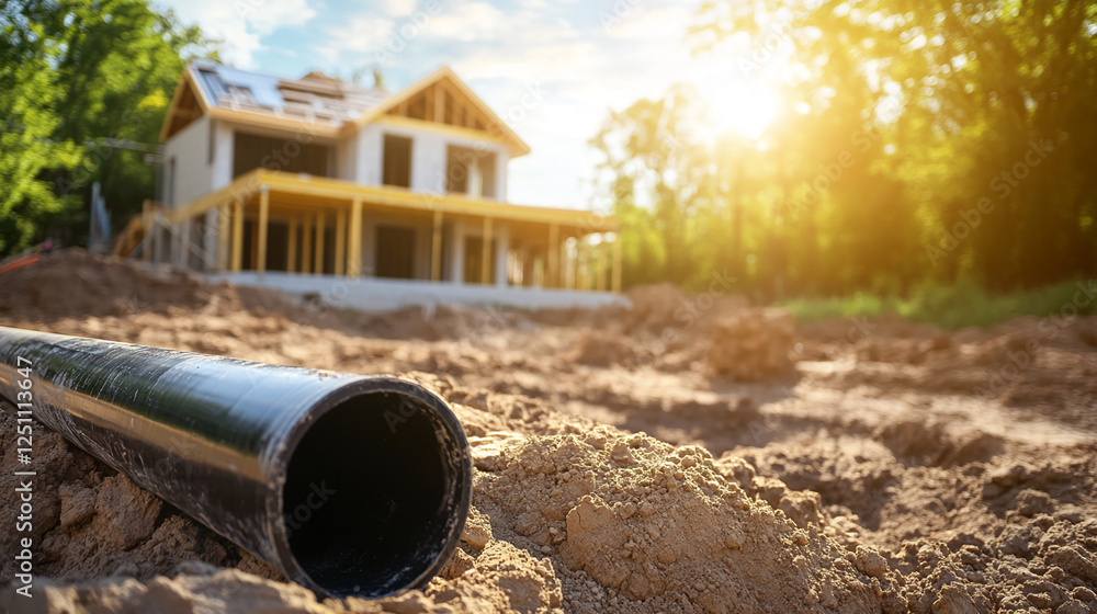 A construction site with a black PVC pipe in the foreground and a house under construction in the background, symbolizing building, development, and infrastructure. A construction site with a black PVC pipe in the foreground and a house under construction in the background, symbolizing building, development, and infrastructure.
