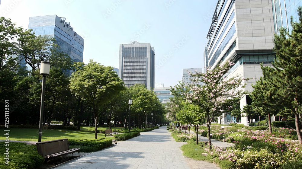 Urban park path with modern buildings, sunny day, urban oasis, relaxing atmosphere, possible use for real estate advertising Urban park path with modern buildings, sunny day, urban oasis, relaxing atmosphere, possible use for real estate advertising