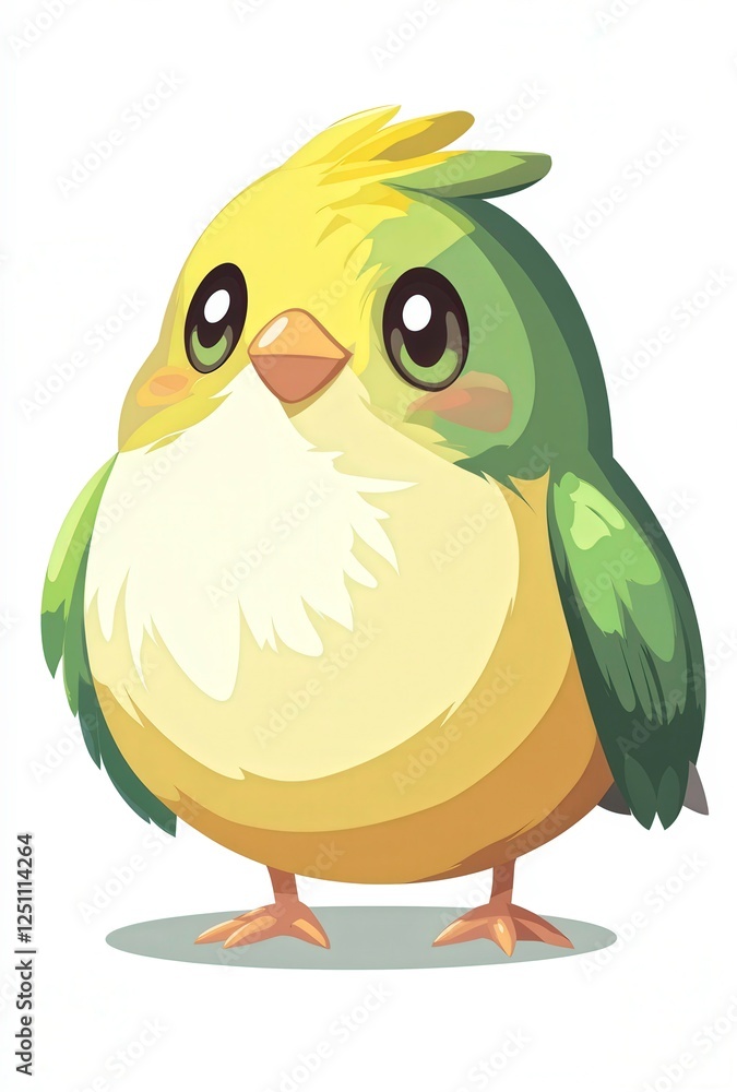 Cute round green and yellow bird with large eyes stands confidently on a light background Cute round green and yellow bird with large eyes stands confidently on a light background
