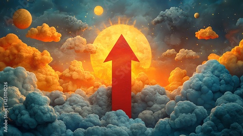 A vibrant digital artwork depicting a red arrow rising above colorful clouds, symbolizing hope, positivity, and new beginnings against a backdrop of a glowing sun. photo