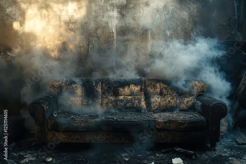 Burnt sofa in a living room with smoke lingering in the air following a fire incident. Generative AI