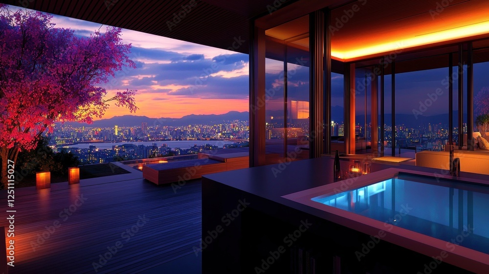 Fototapeta premium Modern luxury home interior with a sunset view, featuring a hot tub and city skyline