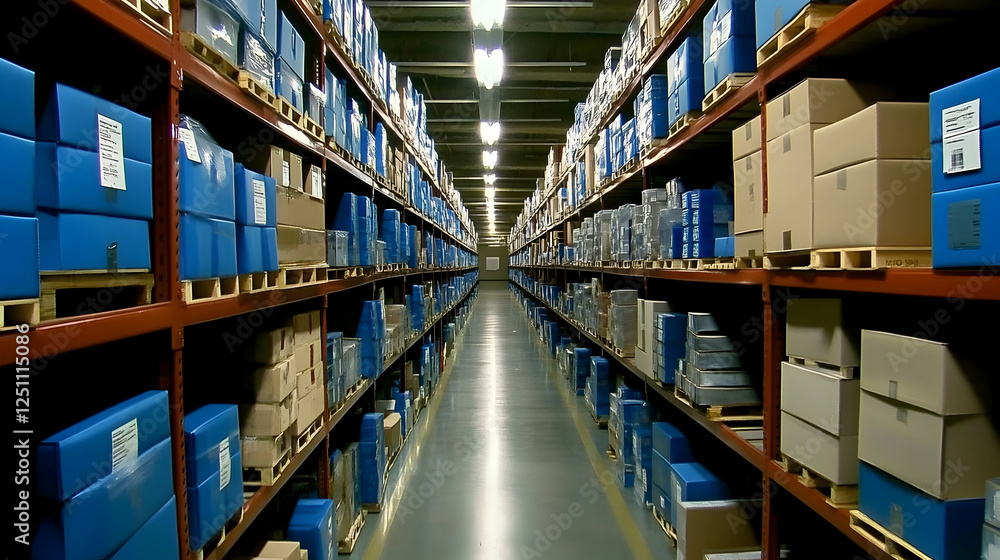 Warehouse interior, rows of shelves full of boxes, aisle running through center, commercial storage Warehouse interior, rows of shelves full of boxes, aisle running through center, commercial storage
