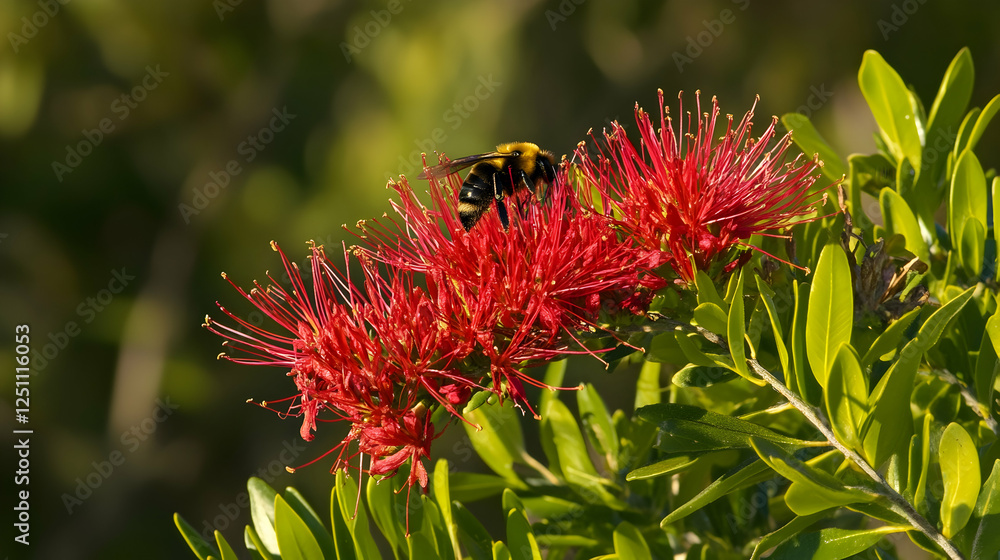 Bee on red bottlebrush flower in natural light Bee on red bottlebrush flower in natural light
