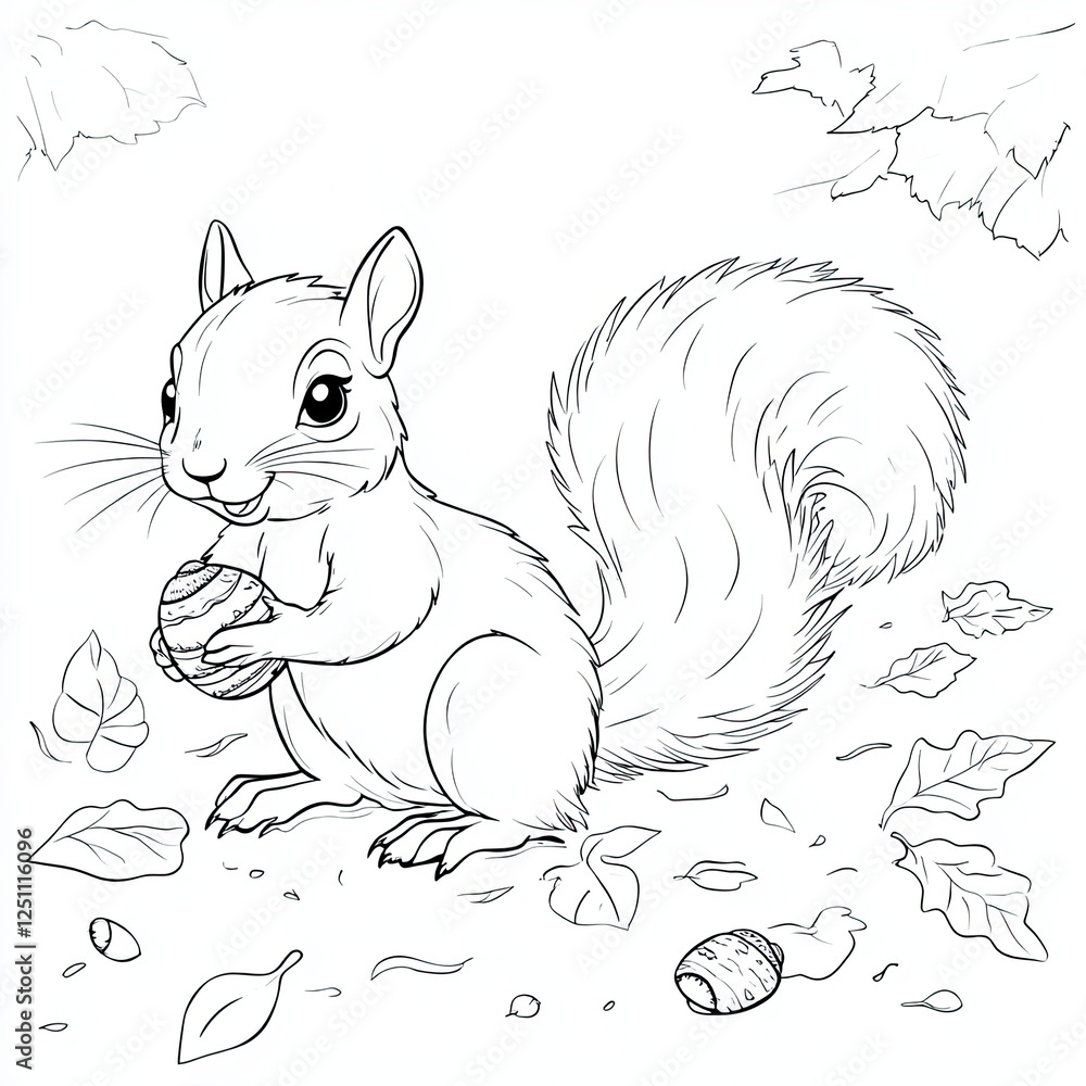 Fototapeta premium Adorable Squirrel Gathering Acorns Fun Coloring Page for Kids