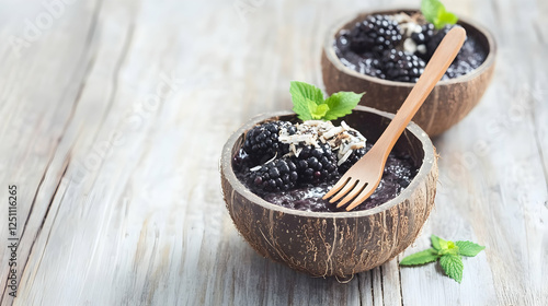 Blackberries in coconut bowls on a wooden table photo