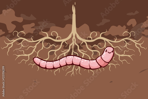illustration of worms useful for maintaining soil fertility, cartoon style