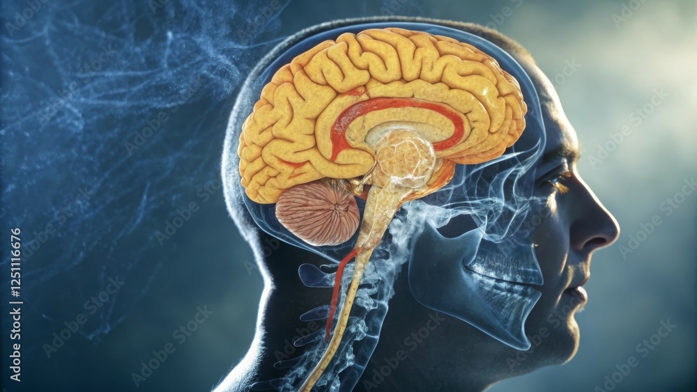Obraz premium A digital illustration of a human brain and skull, highlighting neurological structures.