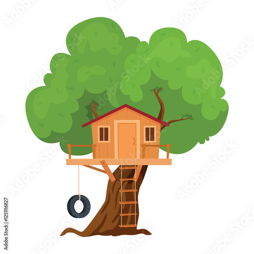 Children s tree house nestled among lush green leaves, designed for playful adventures in the backyard